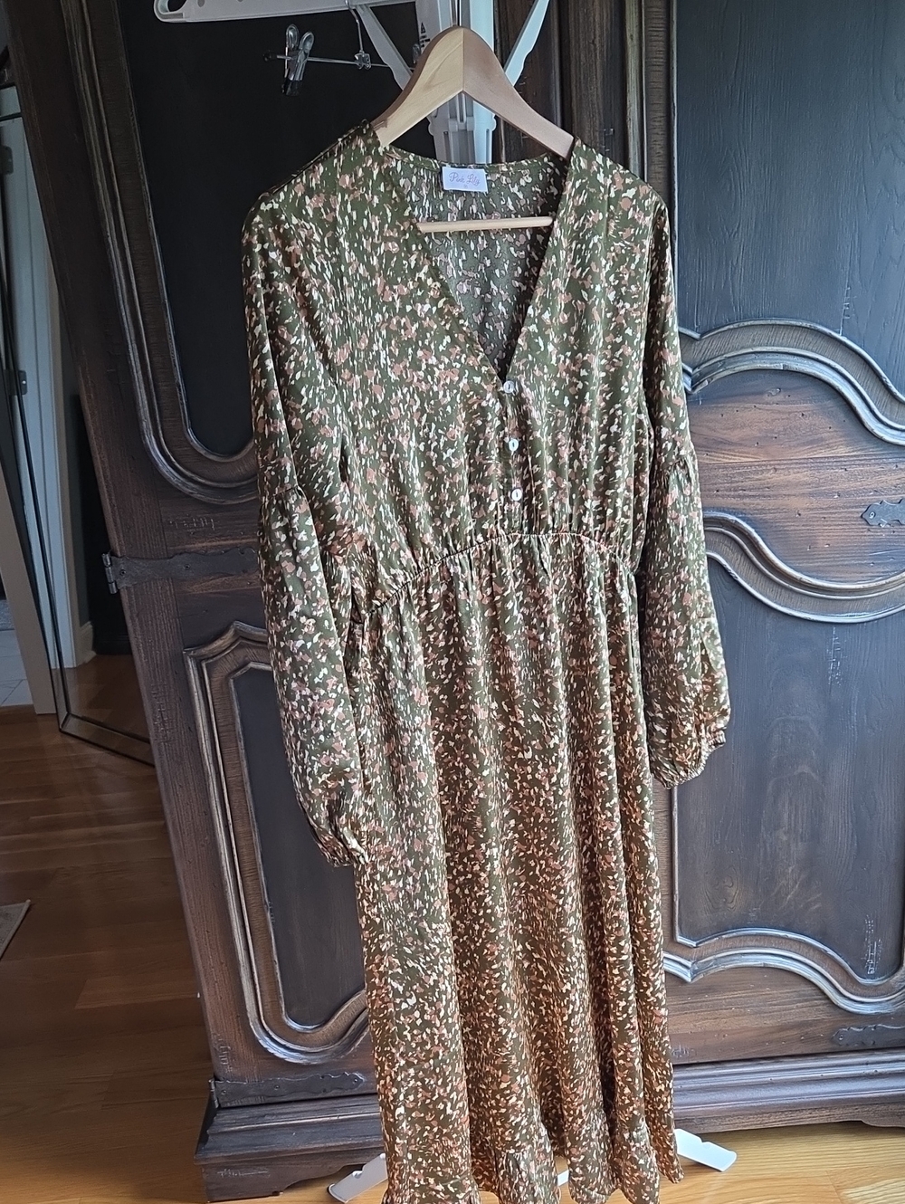 Pink Lily Olive Green Printed Long Sleeve Midi Dress